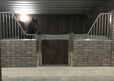 Black stallion in a brick and metal faced horse stall.