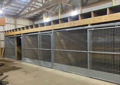 Horse stalls with metal mesh fronts inside of a large steel structure
