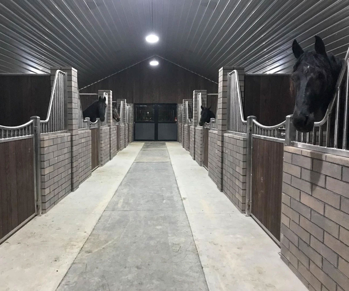 Horse barn aisle with wooden stalls and metal grill doors.